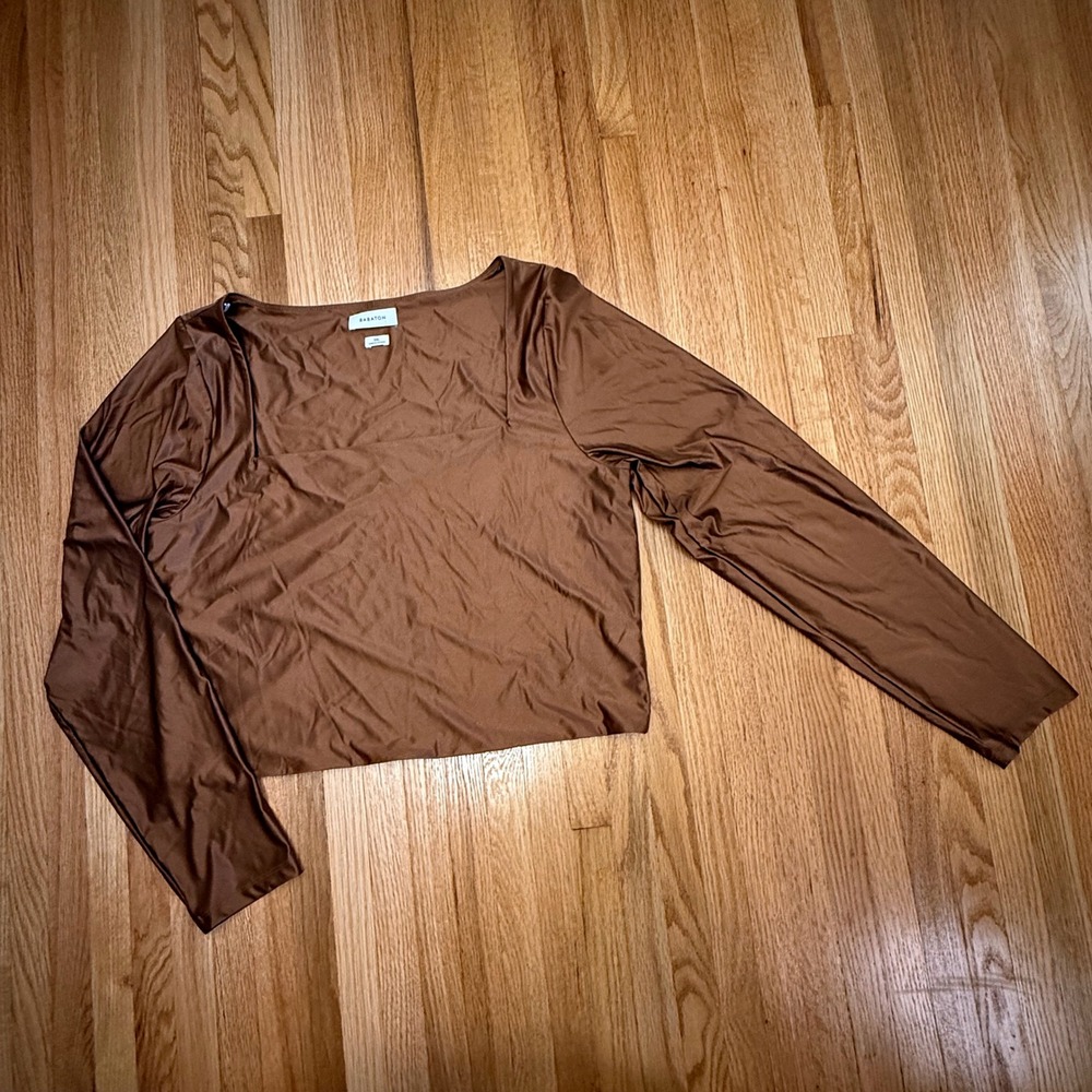 Babaton Aritzia Long Sleeve Square‎ Neck Stretch Top Brown Bronze Size 2XL Crop